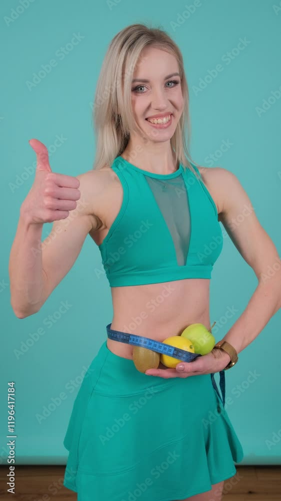 A woman shows confidence in a healthy routine, measuring her waist A woman shows confidence in a healthy routine, measuring her waist