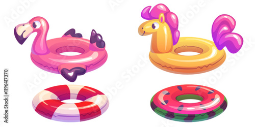 Inflatable rings set isolated on white. Vector cartoon illustration of inflated rubber toys for swimming pool or summer beach, pink flamingo, yellow pony, watermelon shape and striped life ring