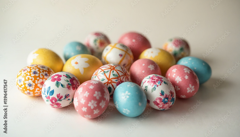 Decorative easter eggs with floral patterns and bright colors on a light background