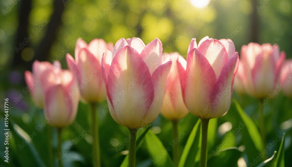 Fototapeta premium Beautiful pink and white tulips blooming in a sunlit garden with a soft background