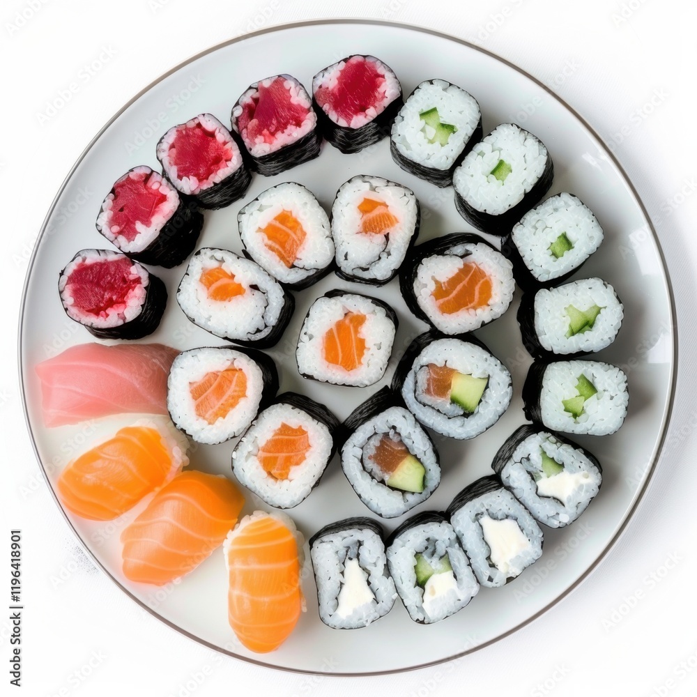 A plate of assorted sushi rolls with tuna, salmon, and eel A plate of assorted sushi rolls with tuna, salmon, and eel