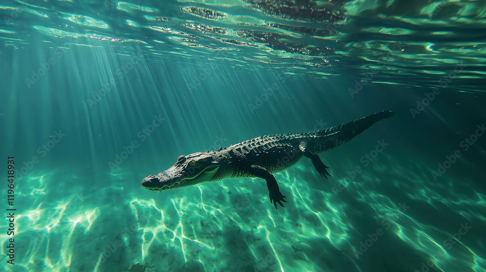 Fototapeta premium Crocodile Gliding Just Below the Surface of Clear Water in a Lush Aquatic Environment