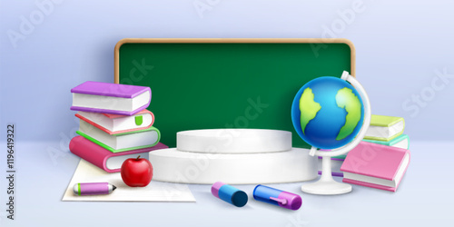 School 3D scene with circular white podium, stacked educational books, bright red apple, globe model, colorful markers and pens, green chalkboard and learning materials for learning presentation.