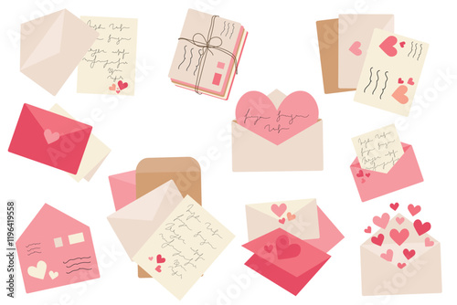 Set of postal envelopes with love letters. Romantic letters and envelops with greeting postcards, holiday mails. St Valentine day themed illustration