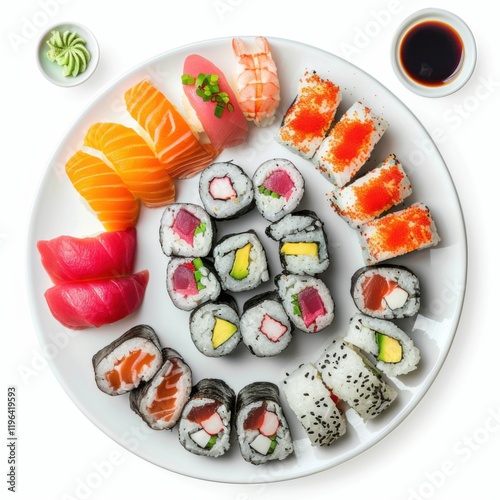 A plate of assorted sushi rolls with tuna, salmon, and yellowtail