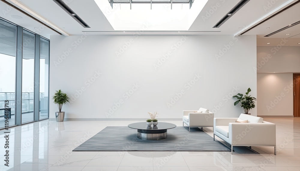 Modern minimalist office lobby with white furniture Modern minimalist office lobby with white furniture