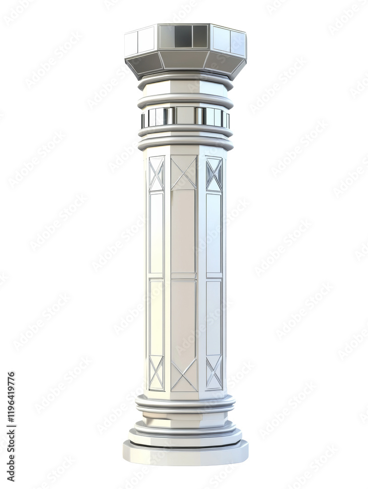 This image shows a 3D render of a modern, white octagonal column with intricate detailing. This image shows a 3D render of a modern, white octagonal column with intricate detailing.