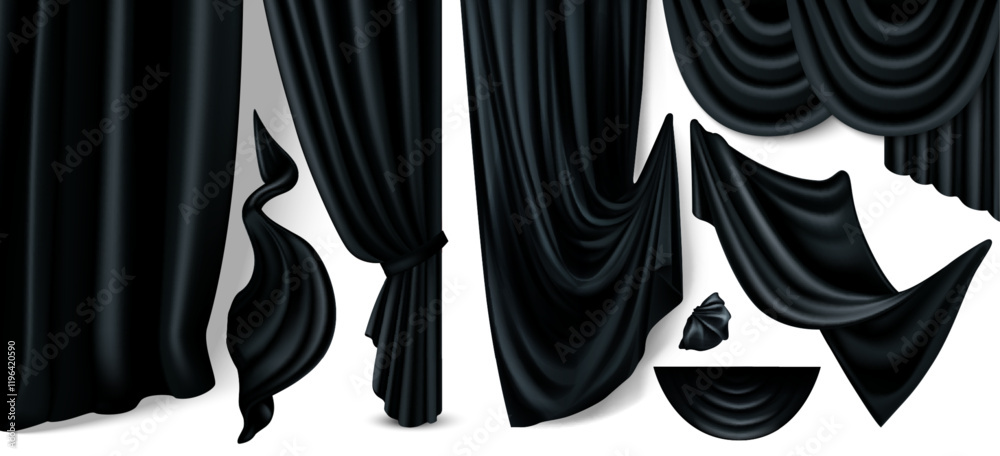 Black luxury curtain set with elegant draped silk fabrics, folded textile pieces, hanging decorative shape. Realistic flowing velvet drapery element for theatrical stage design or interior decoration.