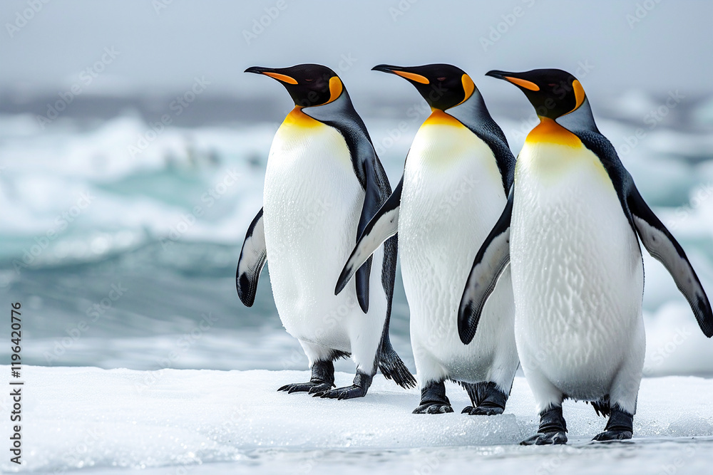 Obraz premium A group of penguins standing on an icy surface in Antarctica, interacting with each other in the cold.