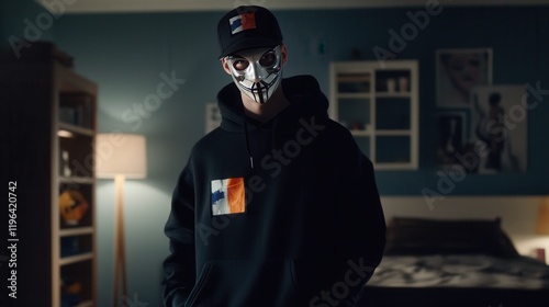 Young male model in Balenciaga black oversized pullover and cap, Valencia flag mask, fashion YouTuber's room in background, striking commercial scene photo