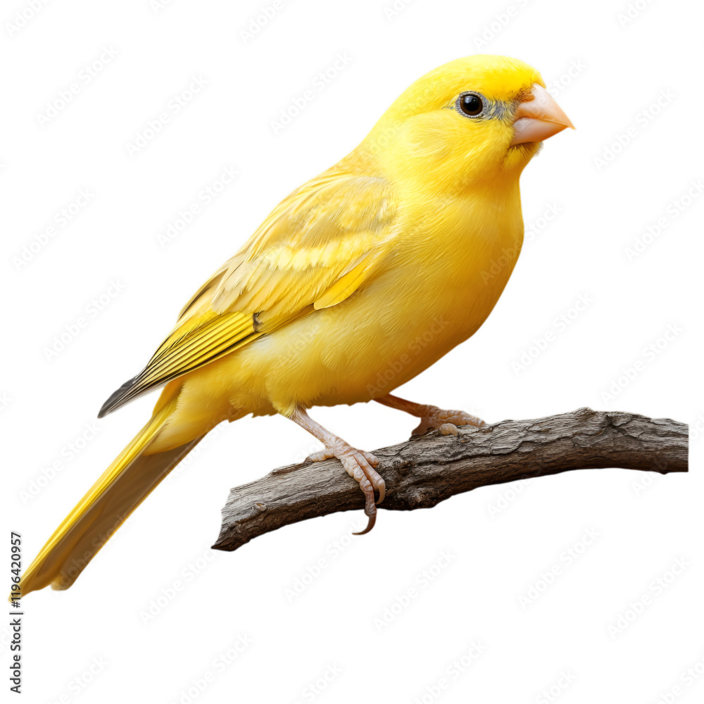 Bright yellow canary perched on a branch, isolated on transparent background. Bright yellow canary perched on a branch, isolated on transparent background.