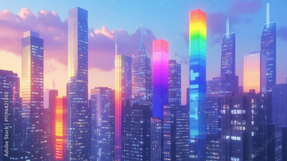 Cityscape featuring LGBTQ pride symbols subtly integrated, glowing with rainbow tones at dusk. Inclusive messaging concept. Cityscape featuring LGBTQ pride symbols subtly integrated, glowing with rainbow tones at dusk. Inclusive messaging concept.