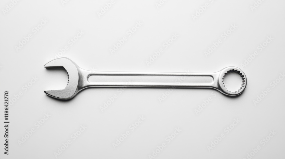 Close-up of a single silver wrench lying flat on a pristine white background. Minimalist design for tool-related themes or industrial concepts. Close-up of a single silver wrench lying flat on a pristine white background. Minimalist design for tool-related themes or industrial concepts.