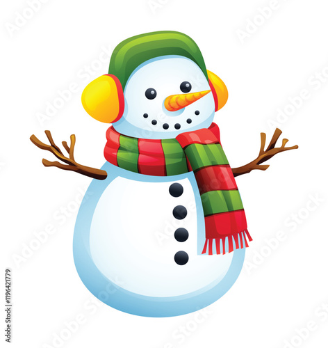 Snowman with scarf, earmuffs, and twig arms. Vector cartoon illustration