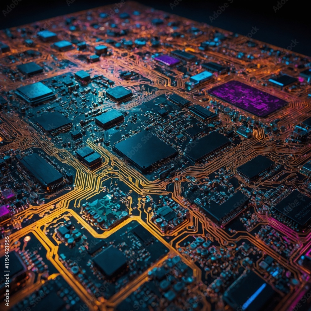 Obraz premium An abstract, vibrant, and colorful technology background featuring a futuristic electronic circuit board design.