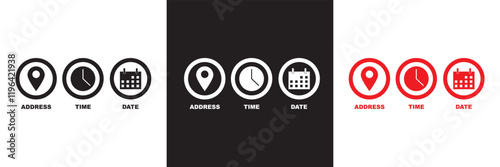 Date, Time, Address icon set. Event icons vector. Location, Calendar and  clock icon. isolated on white and black background. vector illustration. EPS 10 