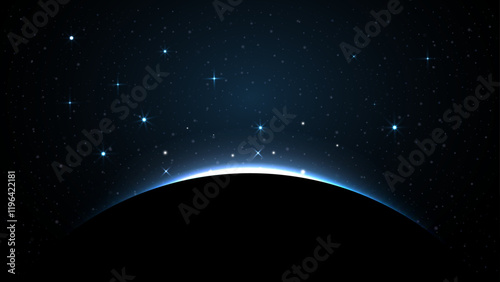 Stunning Planet Eclipse Concept: Blue Solar Light Glare an Abstract Glowing Sunrise on Planet and Earth Illustration for Posters, Backgrounds, Banners, Covers, Leaflets, Flyers, and Brochures. Vector.