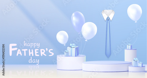 Father day 3d podium display with elegant blue neck tie, wrapped presents and floating balloons. Minimalist celebration scene with white platform on soft pastel background. Greeting card or banner.
