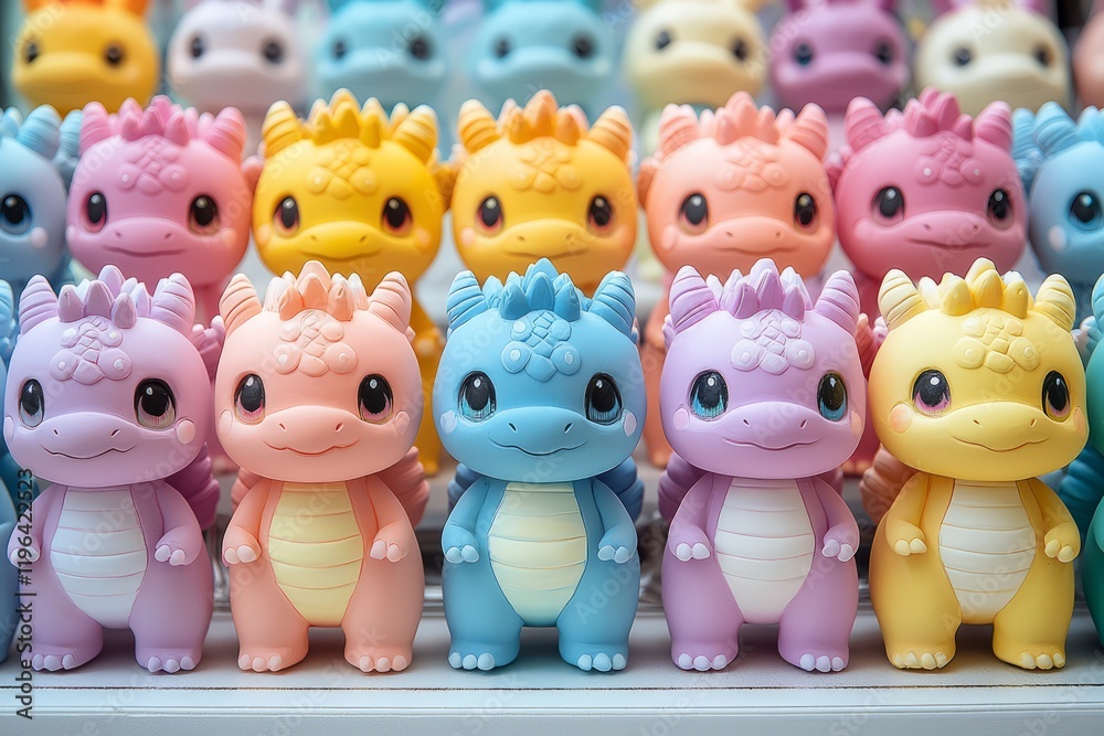 Pastel Colored Dragon Figurines Arranged In A Row Pastel Colored Dragon Figurines Arranged In A Row