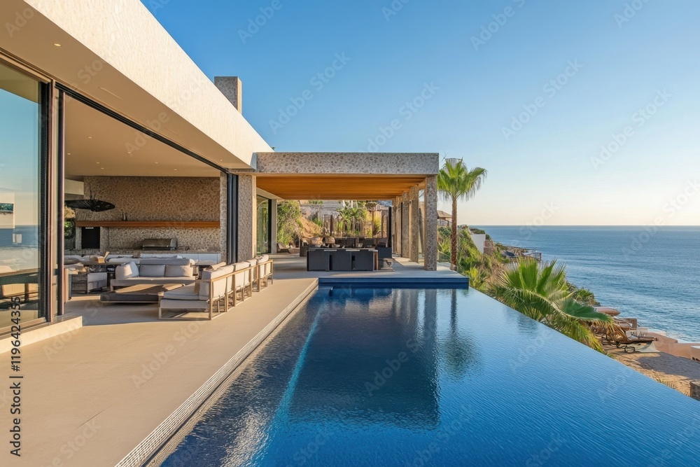 Fototapeta premium Stunning infinity pool at a contemporary vacation home overlooking the ocean in a coastal paradise with modern design elements and serene environment