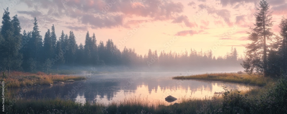 Fototapeta premium Morning mist over serene lake nature landscape tranquil environment peaceful viewpoint reflection of dawn light