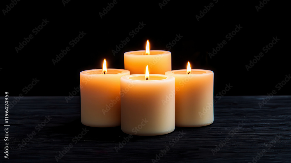 Group of four candles arranged in a circular pattern with glowing flames on a dark background Group of four candles arranged in a circular pattern with glowing flames on a dark background