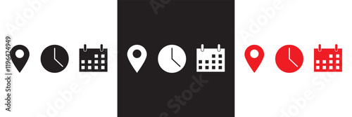 Date, Time, Address icon set. Event icons vector. Location, Calendar and  clock icon. isolated on white and black background. vector illustration. EPS 10 