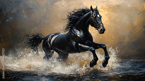 Black horse running in a river