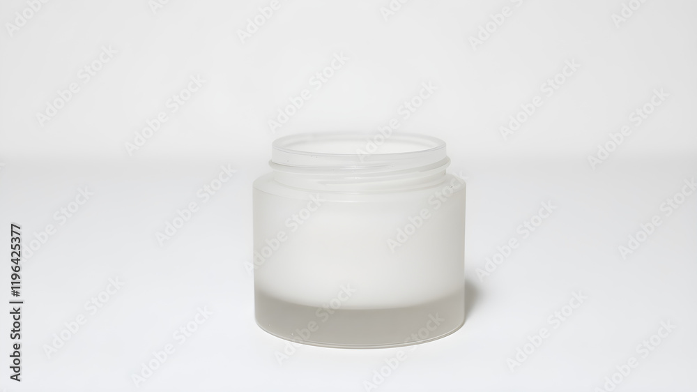 A minimalist skincare jar with a frosted matte finish, white cap, studio lighting, isolated on white. A minimalist skincare jar with a frosted matte finish, white cap, studio lighting, isolated on white.