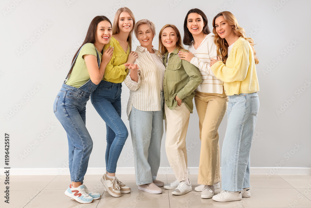 Fototapeta premium Portrait of beautiful women near grey wall