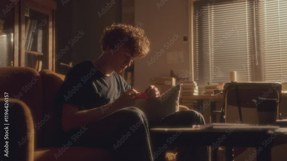 Young depressed man with curly hair sitting on sofa in warmly lit room, feeling deeply sad and lost in thought, looking at bottle of antidepressant pills Young depressed man with curly hair sitting on sofa in warmly lit room, feeling deeply sad and lost in thought, looking at bottle of antidepressant pills