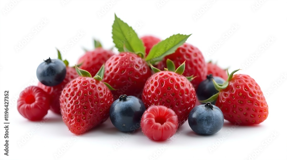 Fresh Assortment of Ripe Strawberries, Blueberries, and Raspberries, a Vibrant Burst of Summer Berries, Still Life, Close Up, Bright Studio Lighting, White Background, Food, Healthy, Natural