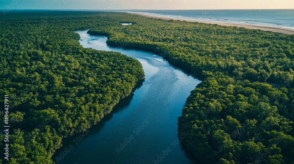 Obraz premium Winding river journey through lush jungle remote coastal area aerial view nature's tranquility and beauty