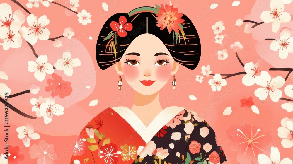 Little geisha girl wearing an intricate kimono with floral patterns, smiling softly amidst a serene pink background with sakura blossoms. Little geisha girl wearing an intricate kimono with floral patterns, smiling softly amidst a serene pink background with sakura blossoms.