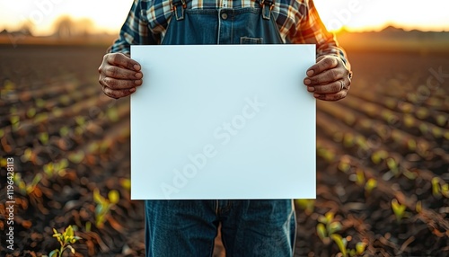 Farmer Holds Blank Sign In Field Of Young Plants
