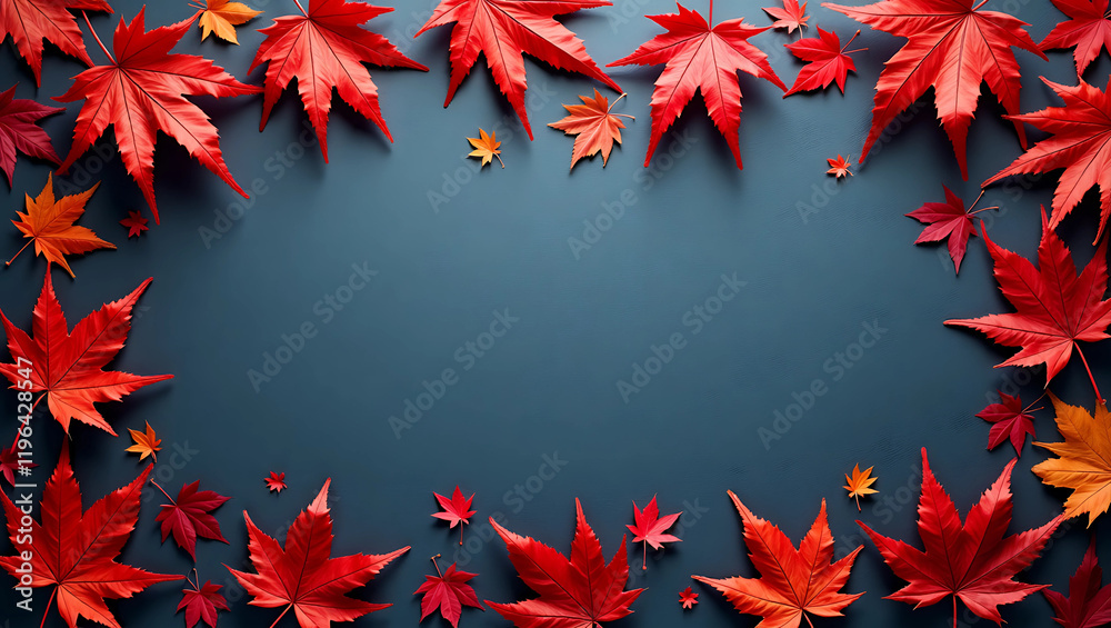 Autumn-Themed Background with Vibrant Red Leaves on Blue Slate Surface, Top View Composition with Copy Space, AI-Generated Seasonal Contrast Autumn-Themed Background with Vibrant Red Leaves on Blue Slate Surface, Top View Composition with Copy Space, AI-Generated Seasonal Contrast