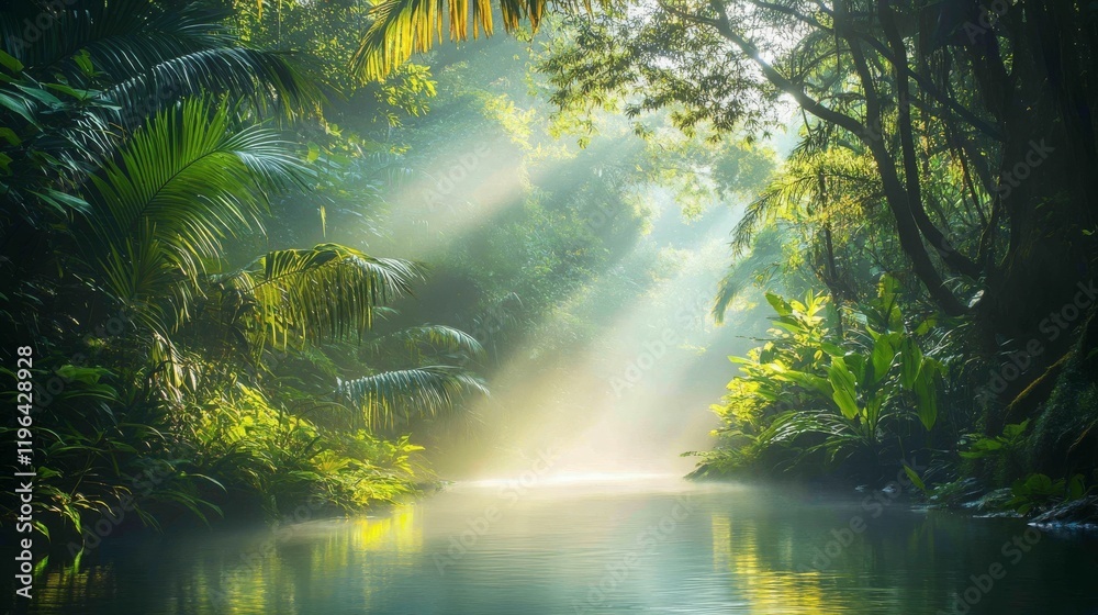 The Tropical jungle with river and sun beam and foggy in the garden The Tropical jungle with river and sun beam and foggy in the garden