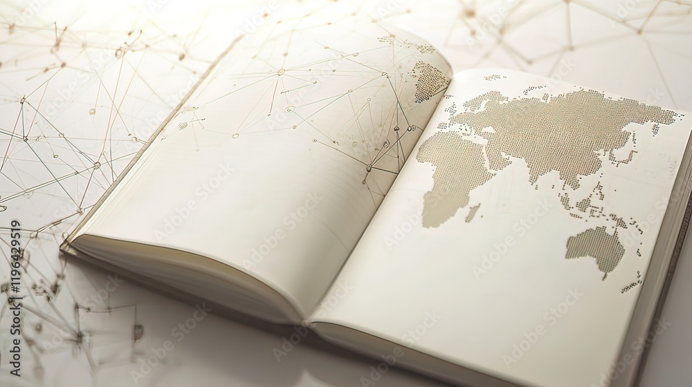 Obraz premium Open notebook with world map and connection lines.