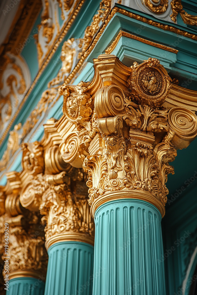 Fototapeta premium Gilded Columns Adorn Elegant Teal Building Facade