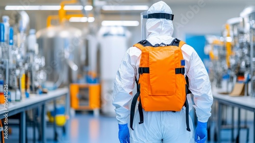 Worker in protective gear observes sterile laboratory environment with equipment and machinery photo