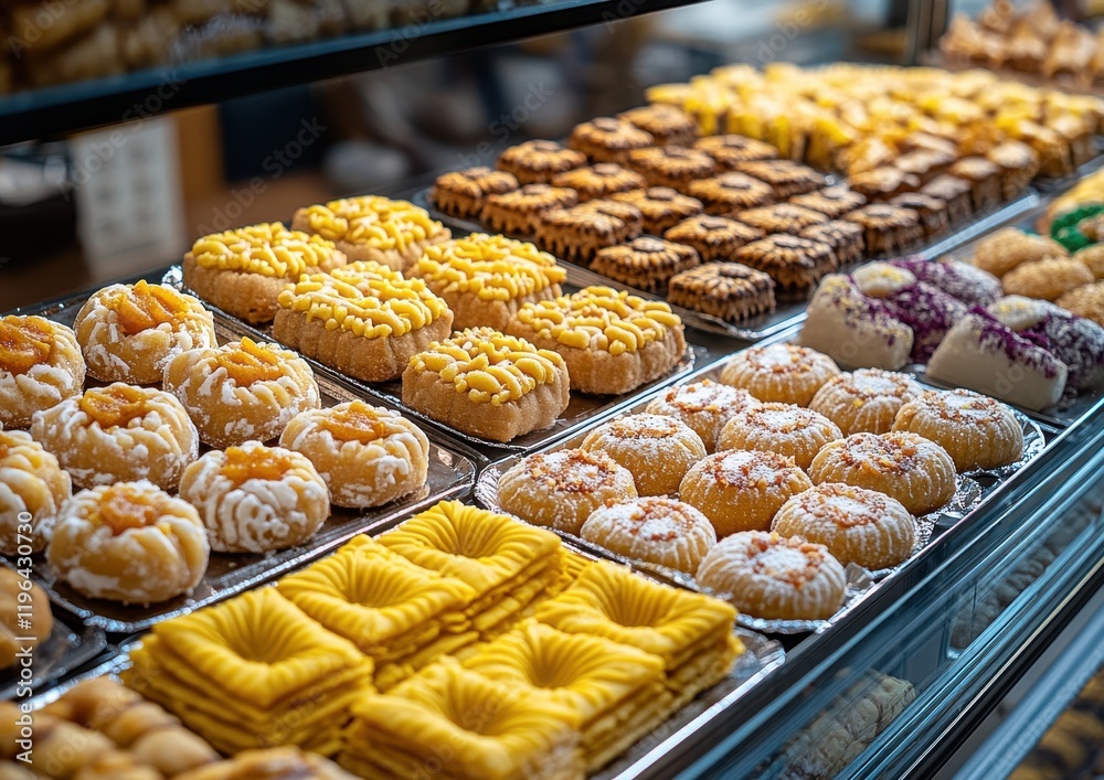 Assorted Traditional Pastries Displayed on Shelves in a Bakery with Colorful Designs and Unique Textures Perfect for Sweet Treat Enthusiasts Assorted Traditional Pastries Displayed on Shelves in a Bakery with Colorful Designs and Unique Textures Perfect for Sweet Treat Enthusiasts