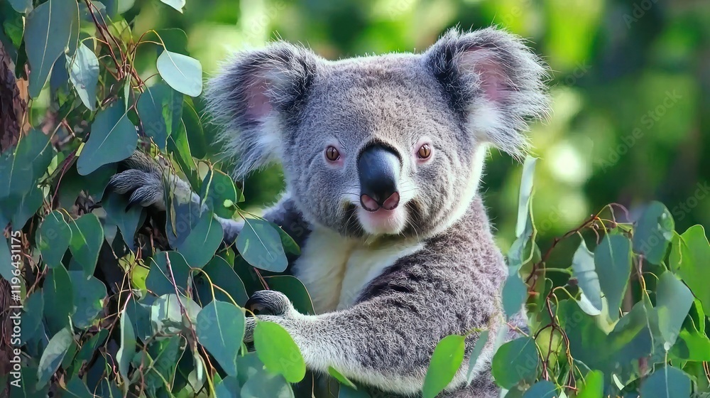 Fototapeta premium A koala munching on eucalyptus leaves in a tree.