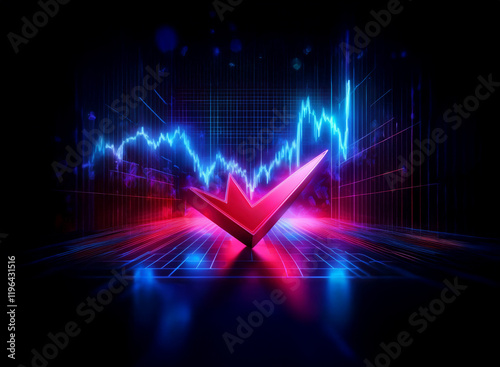 A vibrant neon checkmark rests on a futuristic grid,  surrounded by dynamic, fluctuating stock market graphs.  Success and positive financial trends are visually represented. photo