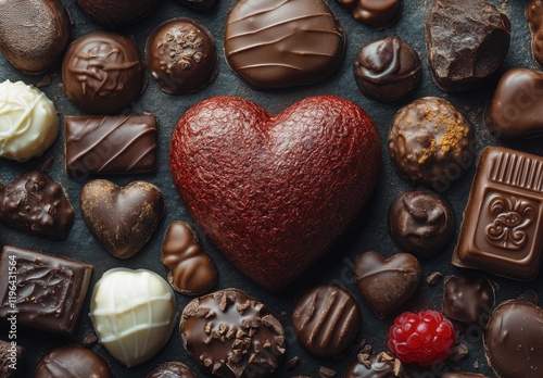 Assortment of Handcrafted Chocolates in Heart Shape Surrounded by Various Dark and Milk Chocolate Treats Perfect for Sweet Celebrations or Romantic Gifts