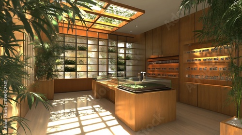 Serene Botanical Shop Interior Design: Sunlight Streaming Through Glass Panels Illuminates Wooden Fixtures and Lush Greenery, Creating a Tranquil Atmosphere.