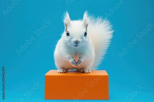 A white squirrel with fluffy ears stands on a square orange podium on a blue background photo