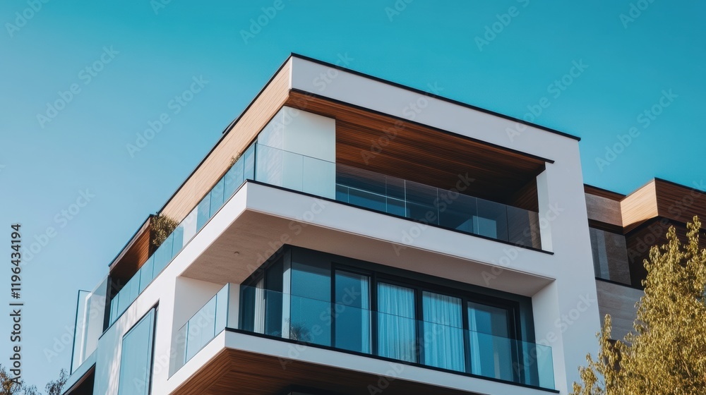 Modern architectural design of house with glass balconies Modern architectural design of house with glass balconies