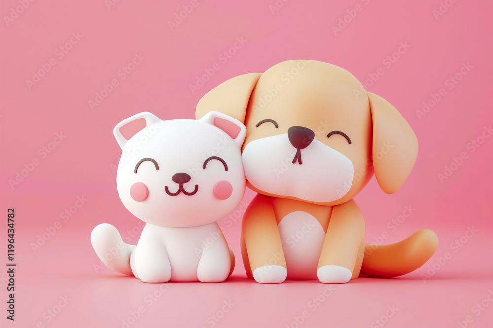 Adorable cartoon puppy and kitten sitting together, smiling happily against a pink background. Adorable cartoon puppy and kitten sitting together, smiling happily against a pink background.