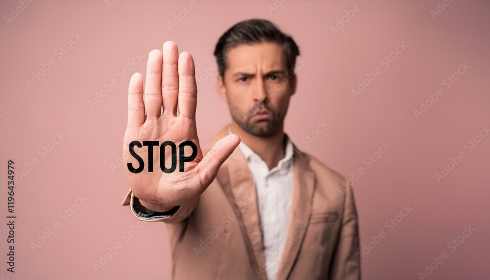 「STOP」と書かれた男性の手のひらのアップ背景シンプル、背景ピンク