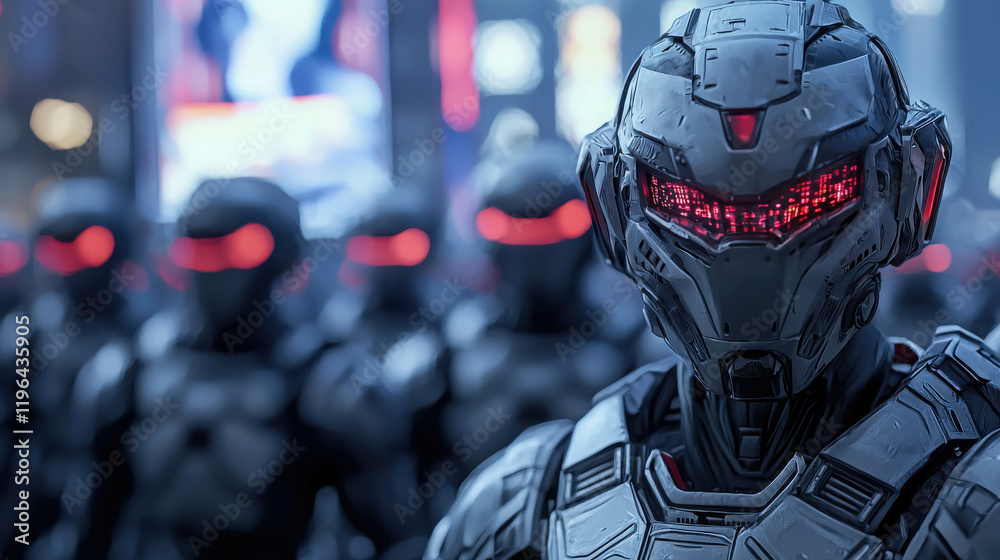 Ruthless Commander Leading an Army of Advanced AI Cyber Warriors in a Futuristic Setting Ruthless Commander Leading an Army of Advanced AI Cyber Warriors in a Futuristic Setting